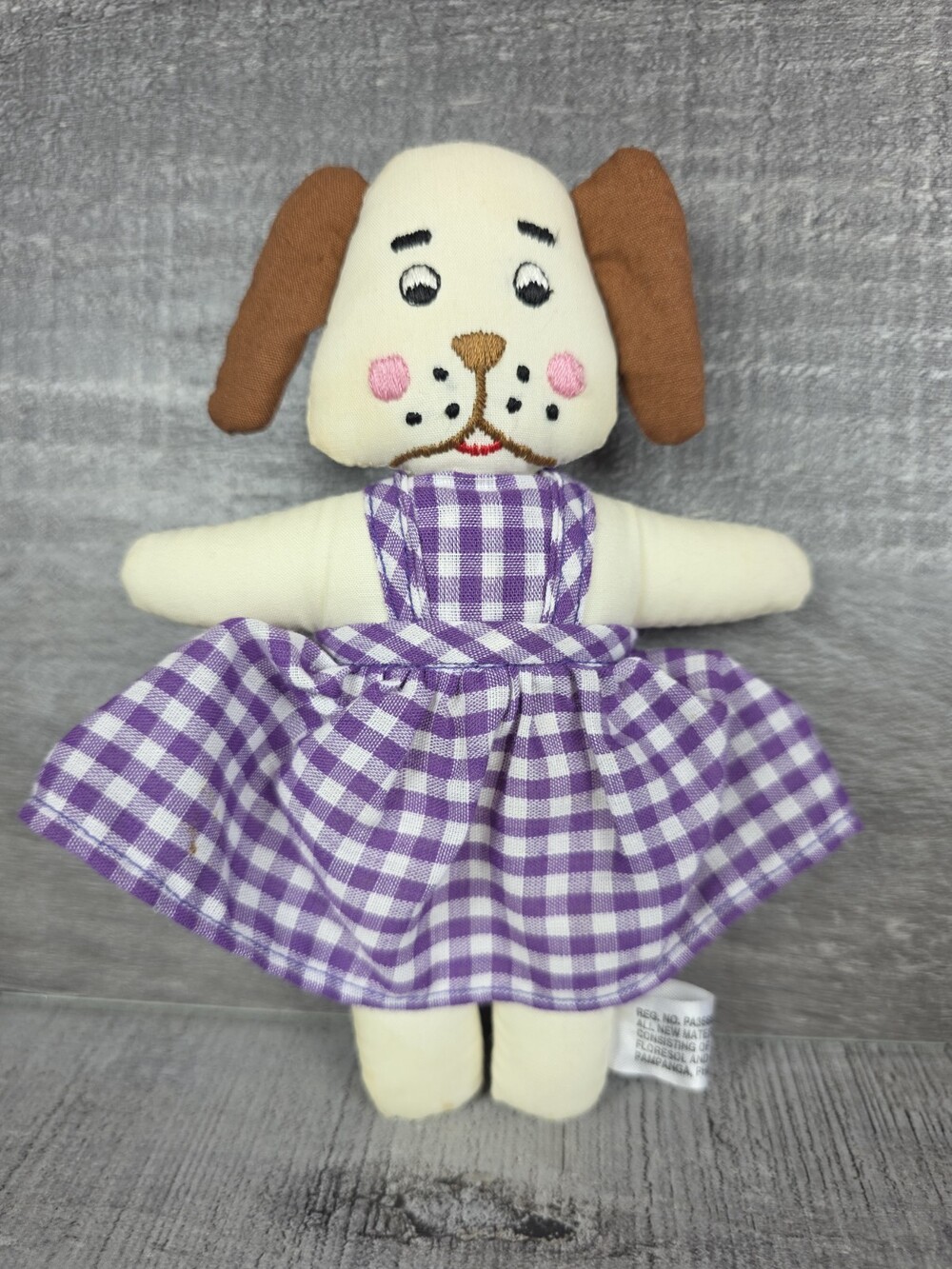 Stuffed Dog Puppy 6" Rag Doll with Purple Gingham Dress Embroidered Face g9bb